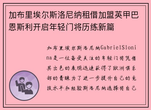 加布里埃尔斯洛尼纳租借加盟英甲巴恩斯利开启年轻门将历练新篇 加布里埃尔斯洛尼纳租借加盟英甲巴恩斯利开启年轻门将历练新篇