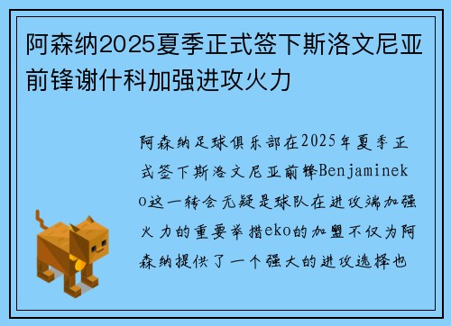 阿森纳2025夏季正式签下斯洛文尼亚前锋谢什科加强进攻火力